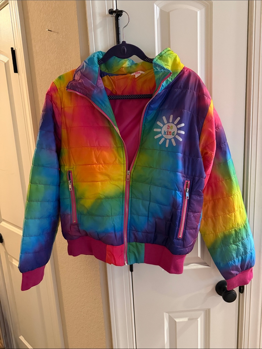 Sunshine Sisters Tie Dye Be Kind Puffer Jacket - Multicolor